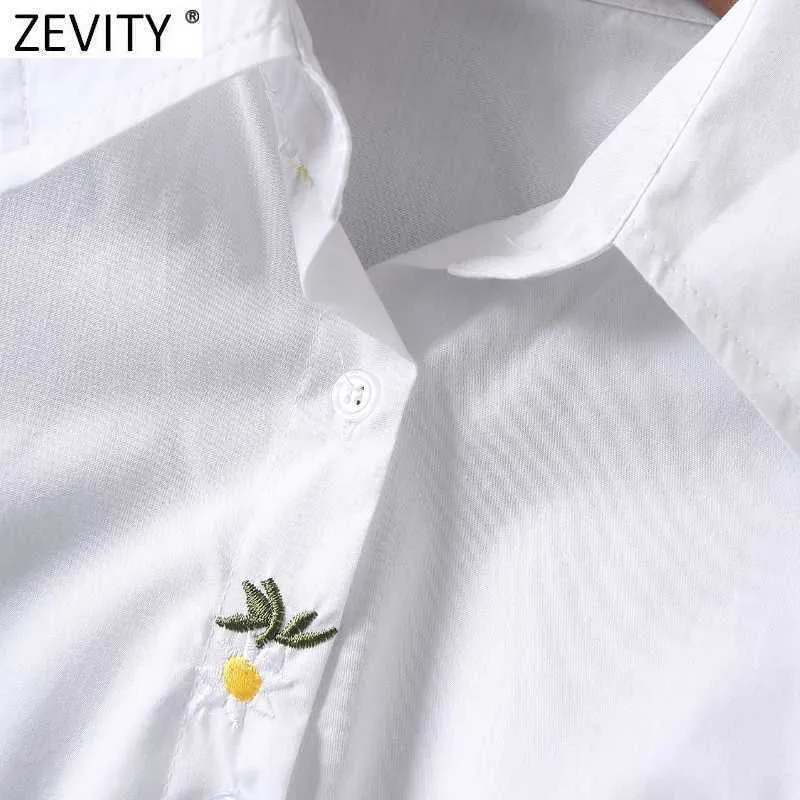 Zevity Women Fashion Floral Embroidery Casual Slim Pleats Shirt Dress Female Chic White Party Vestido Business Cloth DS4969 210603