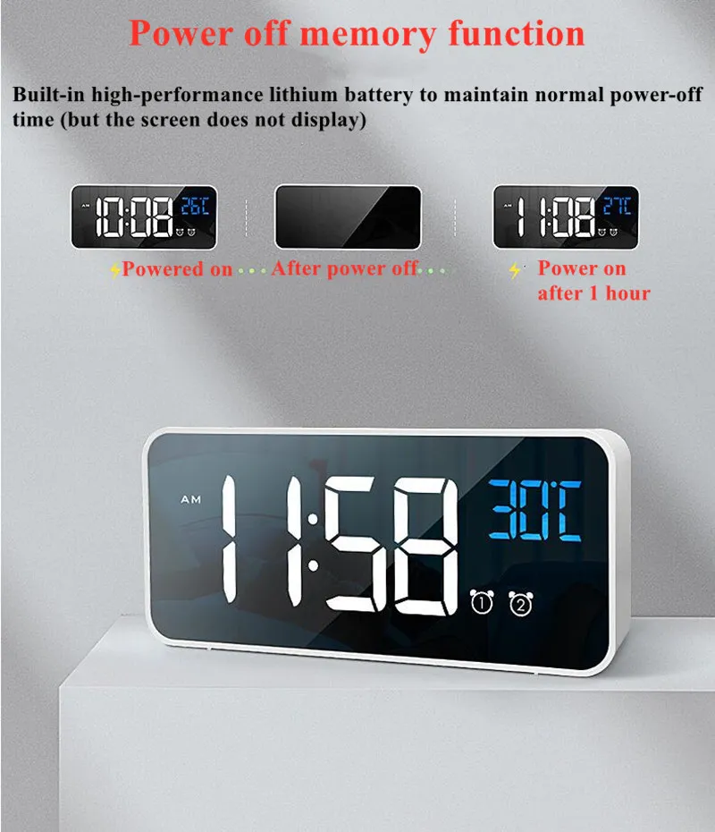 Rechargeable Digital Alarm Clock Voice Control Sze Night Mode Table Music Electronic LED s Despertador 220311