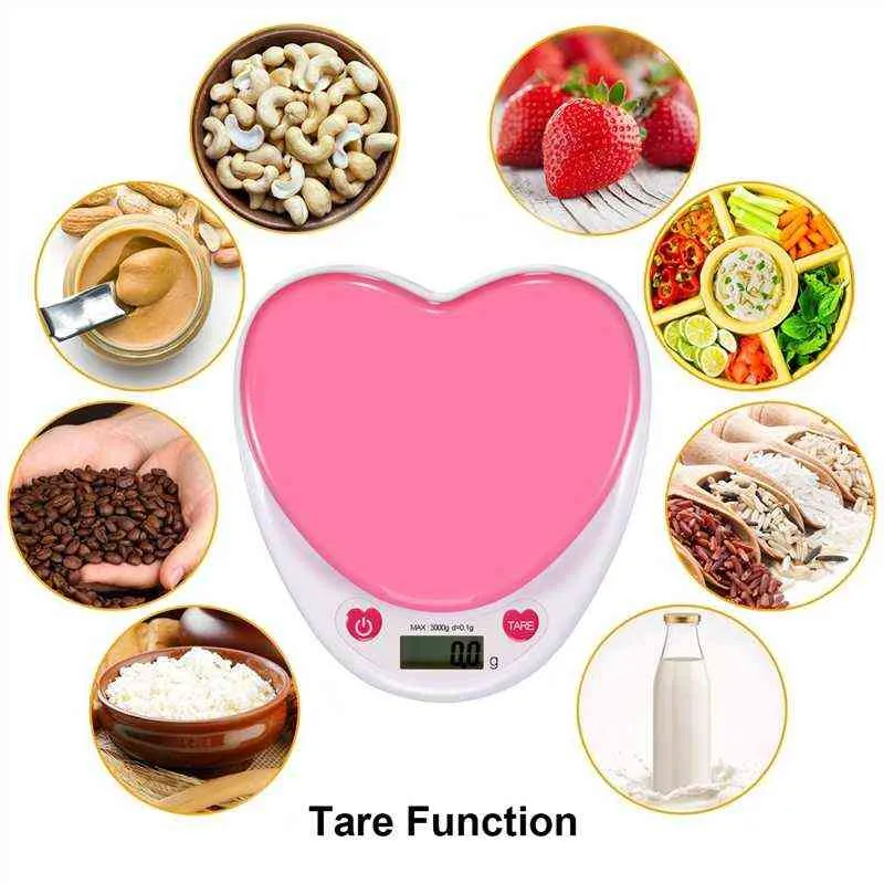 Báscula de cocina digital portátil Monitor LCD Auto Zero Auto Poweroff Regalo en forma de corazón sólido para medir el peso Alimentos Agua en polvo 211221