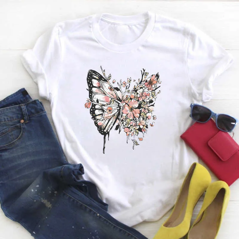 Frauen Blume Schmetterling Mode Druck Kurzarm Damen Sommer T T-stück Weibliche Top Hemd Kleidung T-shirt Frauen Grafik T-shirt X0527