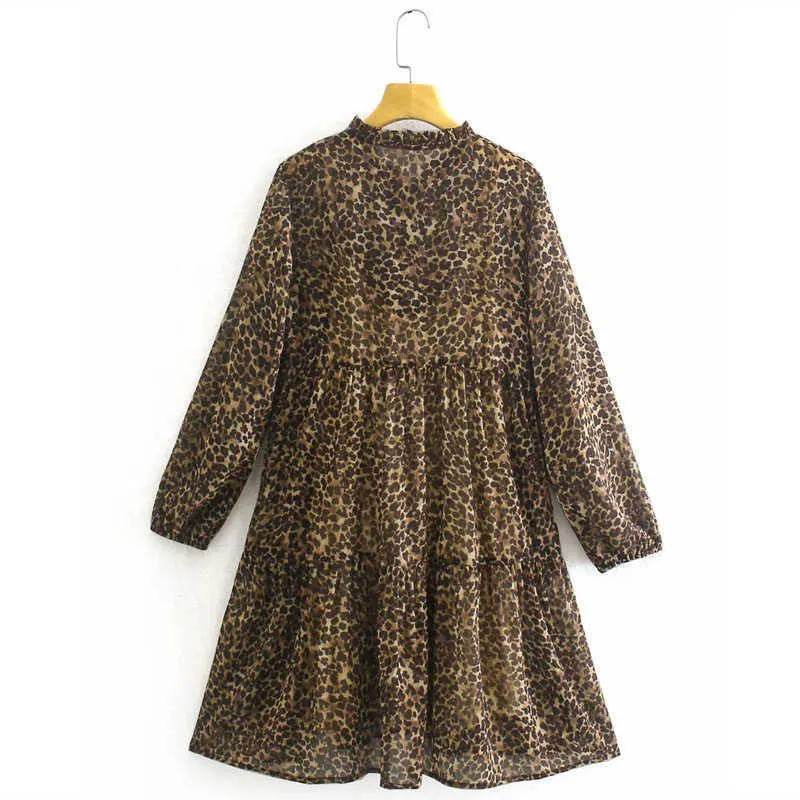 ZA Lato Drukuj Szyfonowa Mini Dress Kobiety Długie Rękaw Puff Regulowany Drawcord V Neck Leopard Suknie Vintage Vestisos 210602