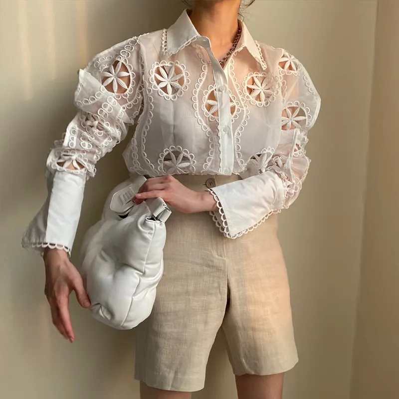 Spring Plus Size Lace White Blouse Women Hollow Out Floral Embroidery High Quality Shirt Sexy See Through Long Sleeve Top 13369 210225