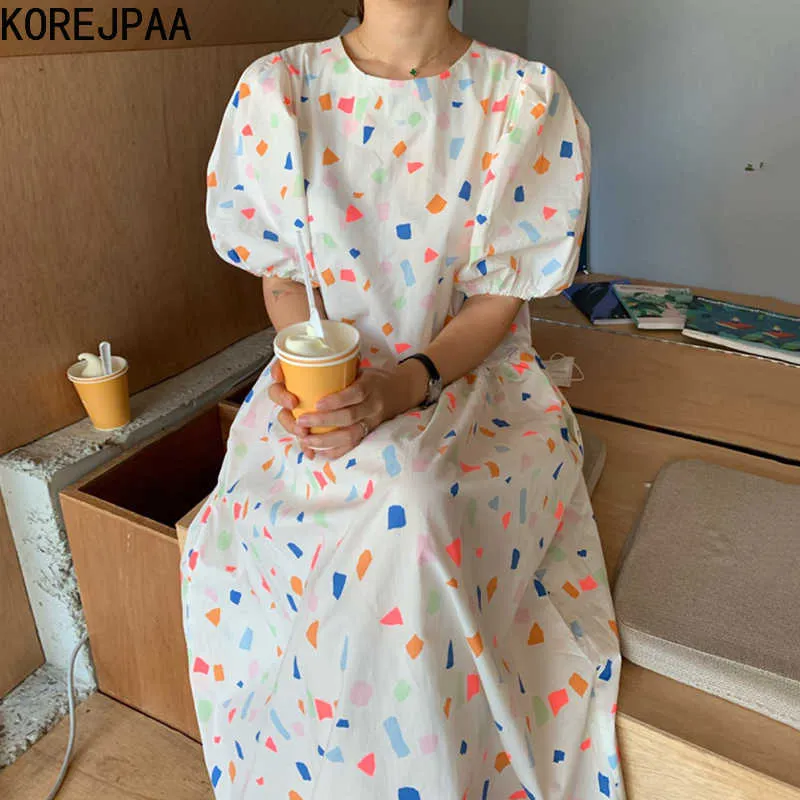 Korejpaa Women Dress Chic Geometric Printed Round Neck Loose Bubble Sleeves Big Swing Casual Pastoral Party Skirt Dress 210526