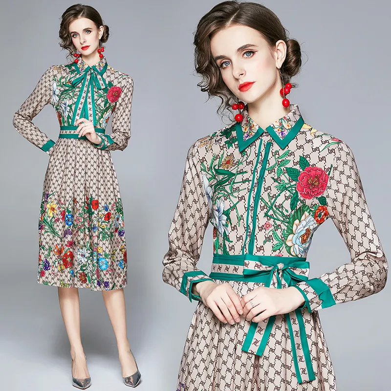 2022 Floral Ribbon Bow Shirt Neck Dress Runway Women Designer Long Sleeve Lapel Office Ladies Printed Slim A-Line Pleated Dresses Autumn Winter Elegant Party Frock