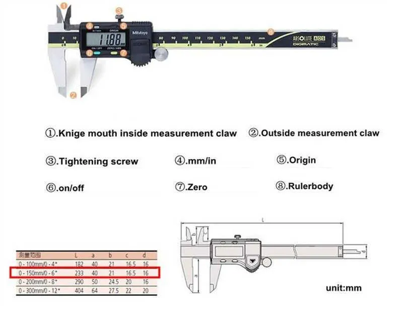 Caliper CNC MITUTOYO ABSOLUTE 500-196-30 Cyfrowe zaciski ze stali nierdzewnej Cal / metryka 8 