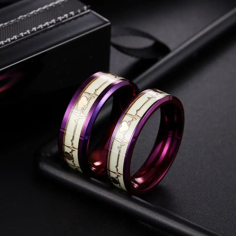 Bague de Couple lumineuse 8mm 6mm, battement de cœur brillant, bague ECG, bague de mariage violette, amour brillant dans le noir, 6064892