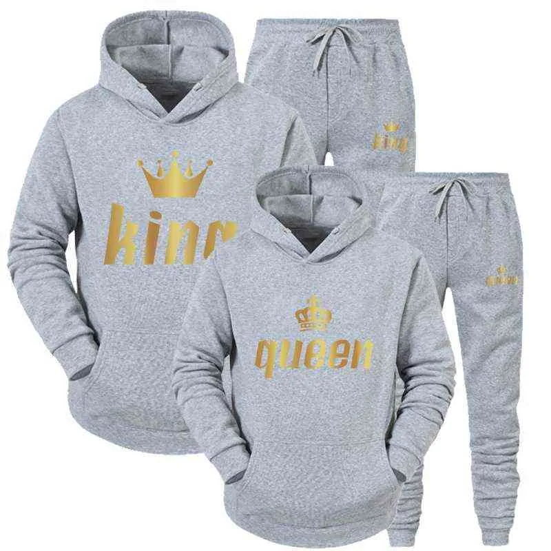 2021 Fashion Couple Sportwear Set KING o QUEEN Abiti con cappuccio stampati Set 2 pezzi Felpa con cappuccio e pantaloni S-4XL G1222