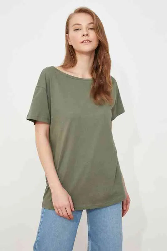 Trendyol 100 Bawełna Neckline Boat Boyfriend Dzianiny T-shirt Tows20TS0140 G220228