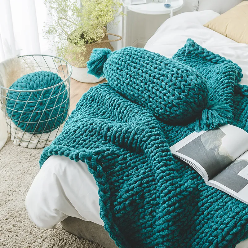 Chunky Knit Blanket Bedroom Decoration Thick Floor Carpet Hand Crochet Cozy Weighted Bed Sofa Photo Throw