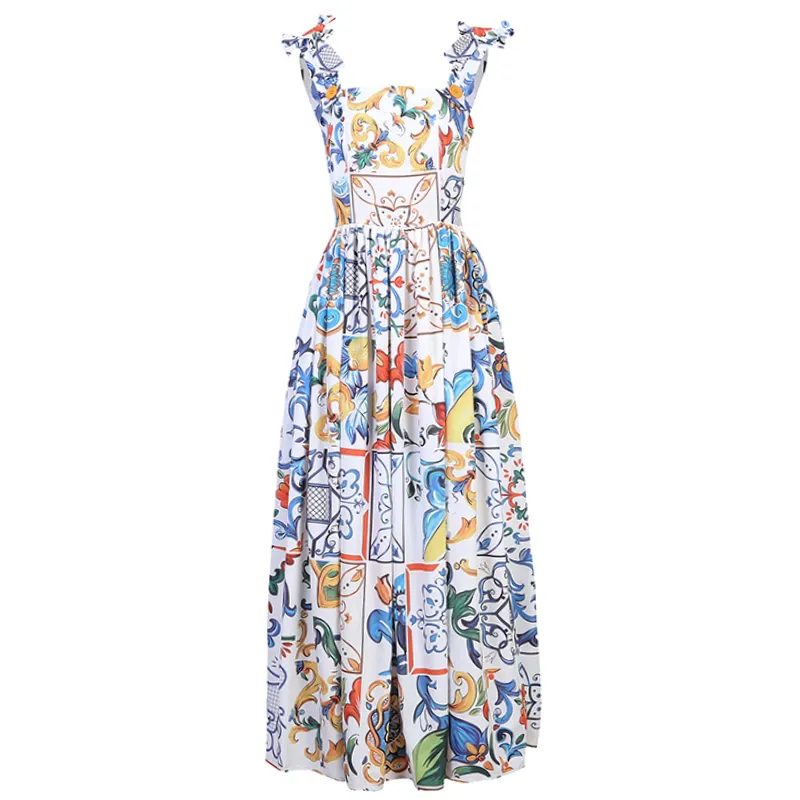 Moda runway vestido de verão novo feminino arco espaguete alça de espaguete azul e branco porcelana floral impressão vestido longo 210315