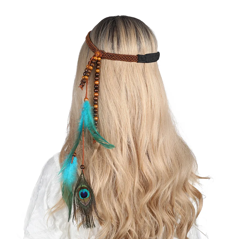 Boho Feather Headband Festival Akcesoria do włosów Peacock Turban Scrunchies Elastyczne zespoły do ​​włosów dla kobiety Zroszony Dostosuj nakrycia głowy