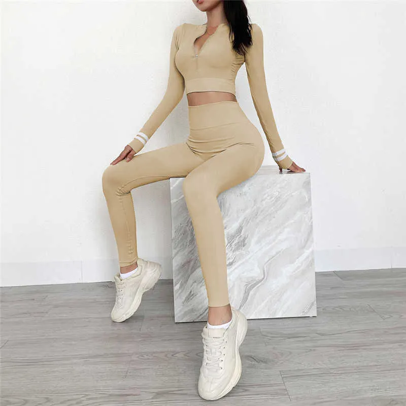 Set da yoga senza cuciture Abbigliamento da palestra donna Tuta sportiva a maniche lunghe Cappotto con cerniera Pantaloni sportivi a vita alta Set cachi Abbigliamento attivo Y0625