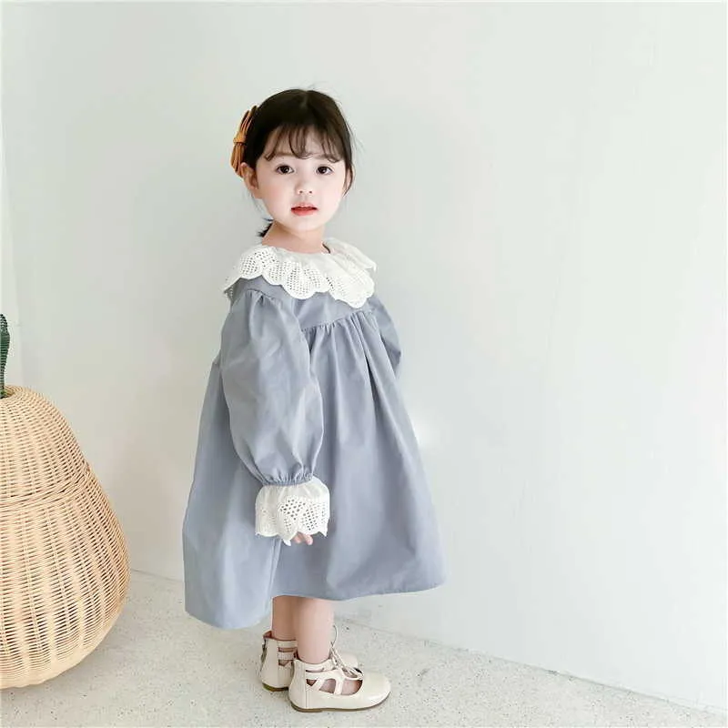 Koreanischer Stil Frühling Mädchen Kleider Spitze Peter Pan Kragen Puff Prinzessin Mädchen Kleidung E9035 210610