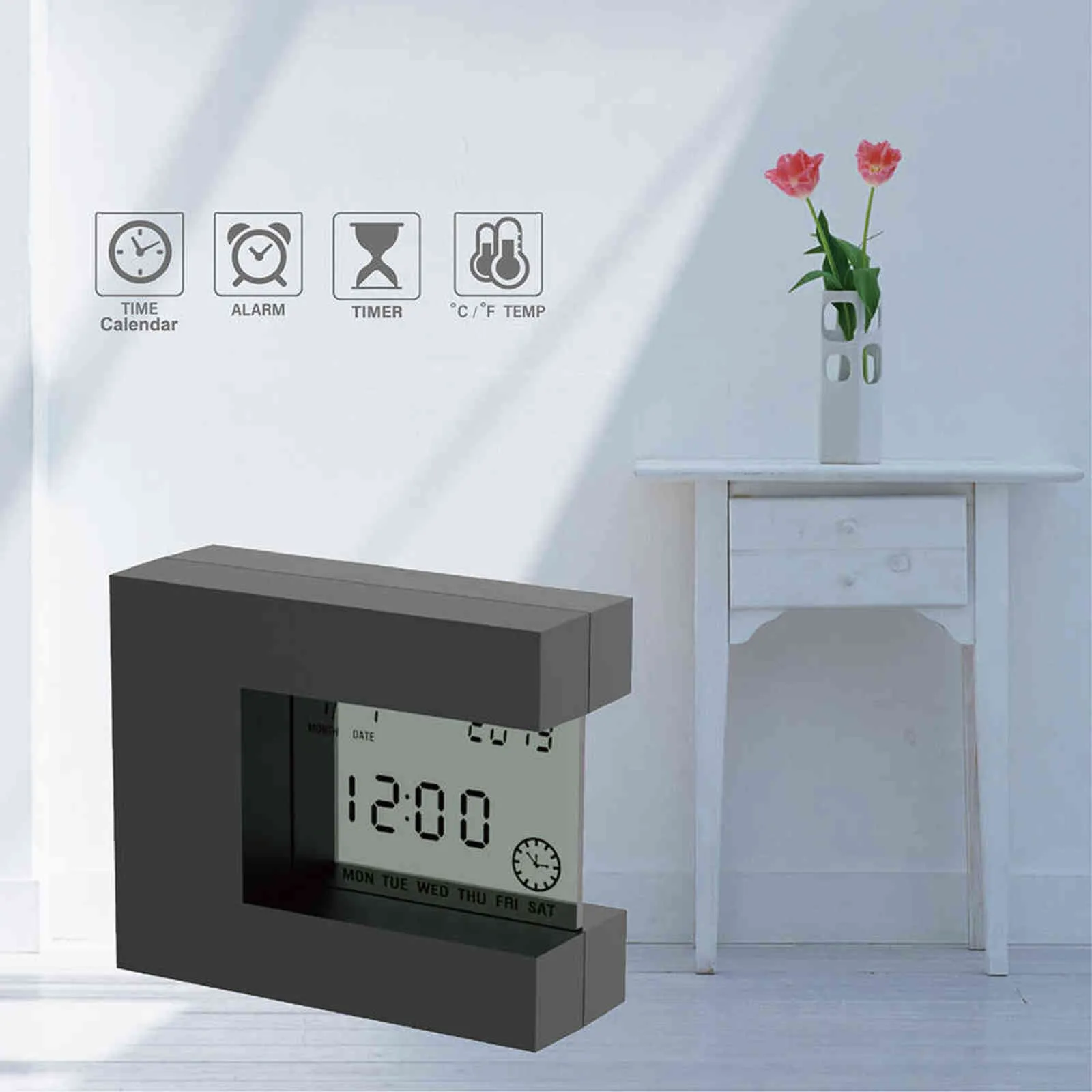 Elektronischer Desktop-LCD-Kalenderwecker mit Innenthermometer, Countdown-Küchentimer für Heimbüro-Tischuhr 211112