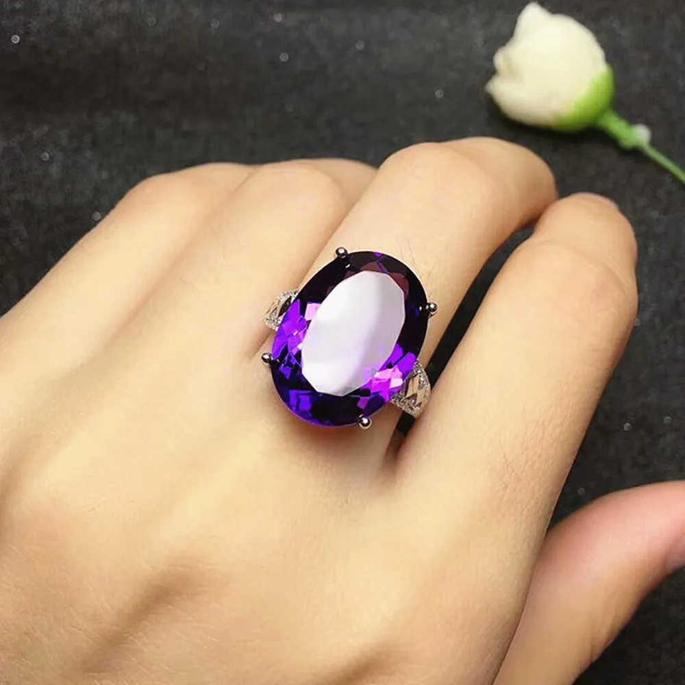 Luksusowy owalny fioletowy kryształ ametyst gemstones diamentów pierścienie dla kobiet biały złoto srebrny kolor biżuteria bijoux bague prezenty