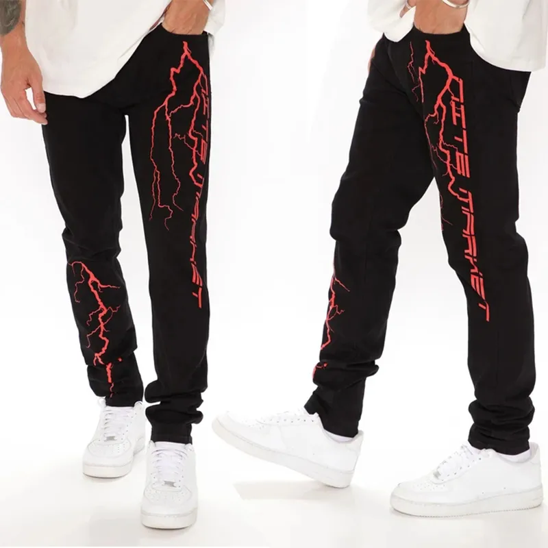 Männer Schwarze Jeans Hosen Denim Herren Streetwear Print Skeleton High Wasit Slim Bleistift Overalls