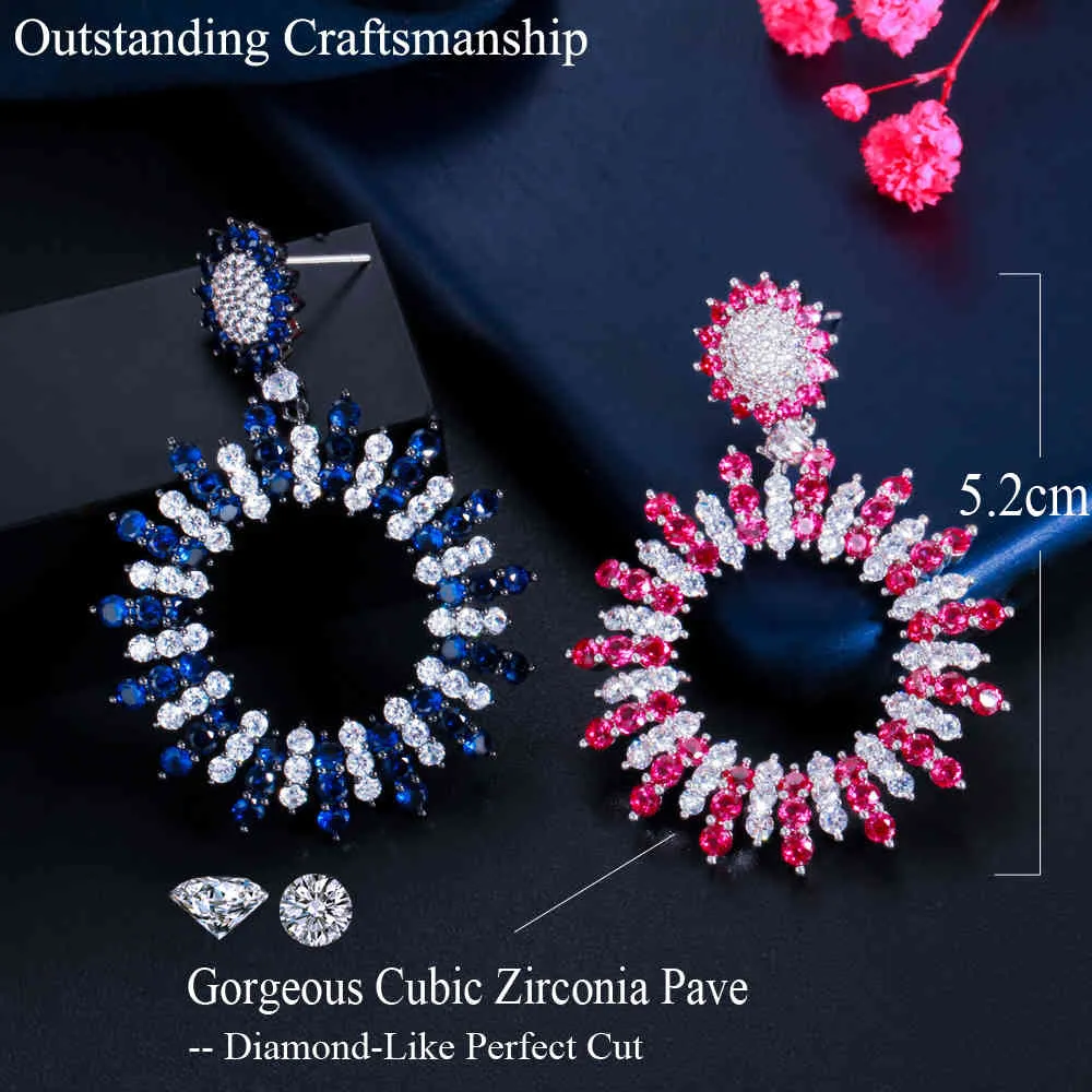 CWWZircons Gorgeous Luxury Brand Round Drop Big Long Blue Cubic Zirconia Crystal Bröllopsfest Örhängen för Kvinnor Smycken CZ857