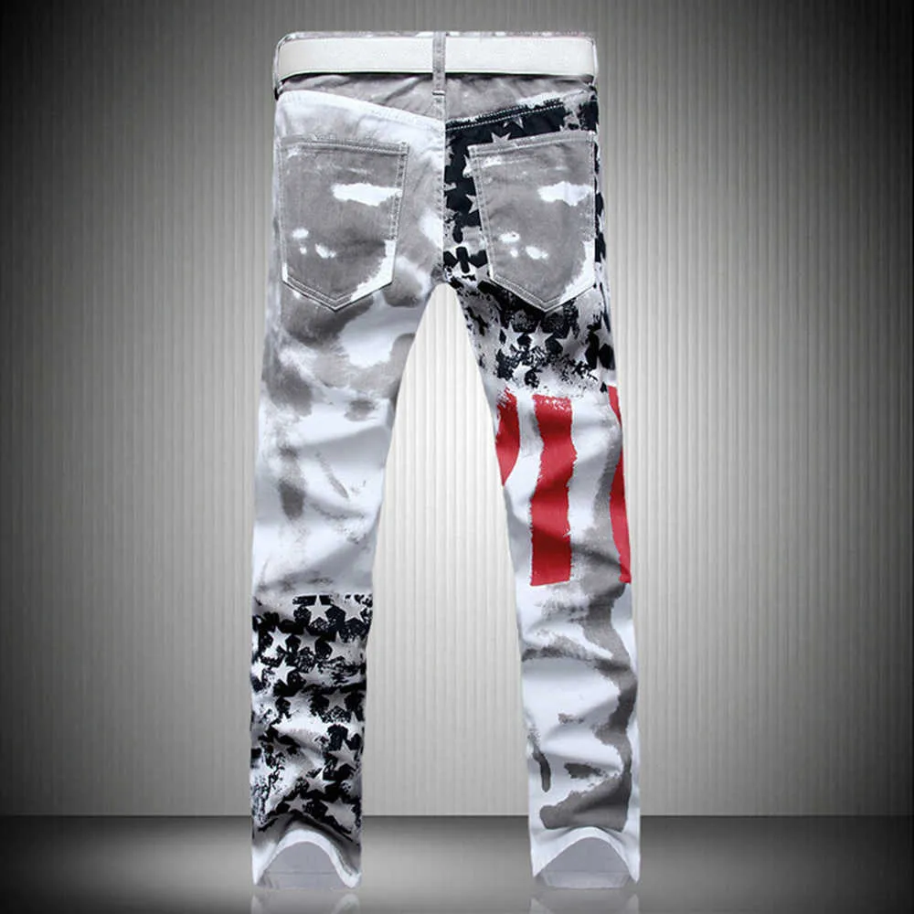 Amerikanska flaggan tryckta jeans högsträcka smal passform casual fem-spetsig stjärna röd rand plus-storlek byxor modebyxor x0621