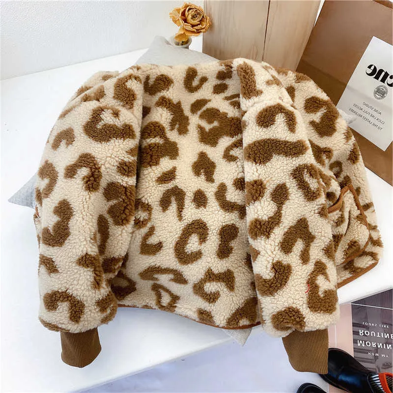 Girls Coat Leopard Print Lamb Wool Plus Velvet Thick Jacket Winter Warm Cardigan Children'S Clothing For Boys 210625