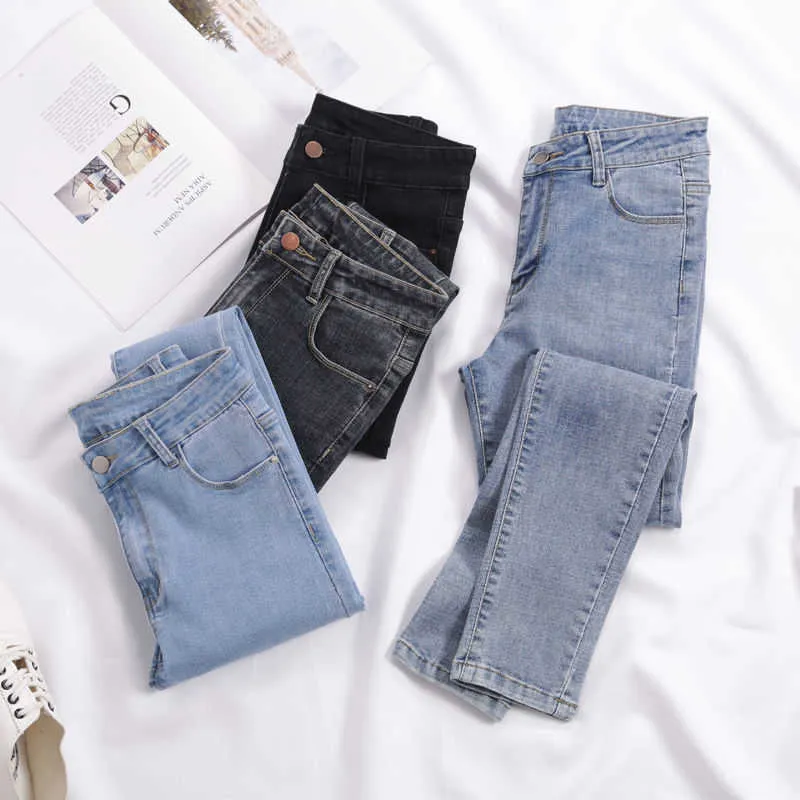 Frauen Jeans Plus Größe Hohe Taille Stretch Gewaschene Skinny Jeans Weibliche Denim Hosen Bleistift Hellblau Grau Schwarz 210809