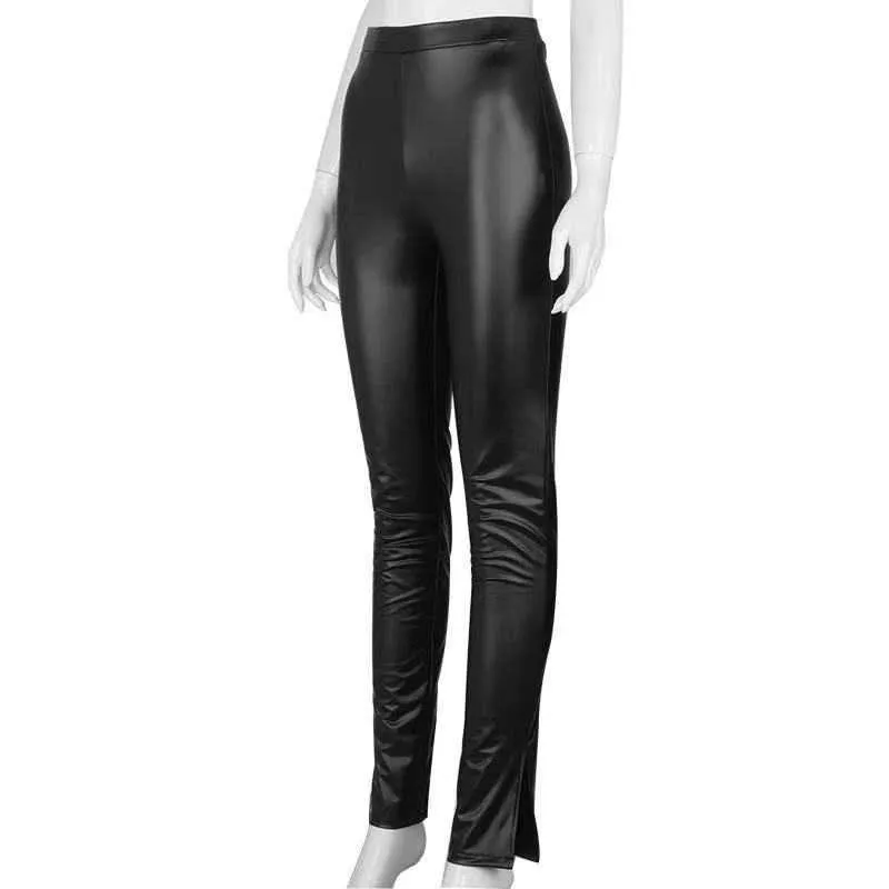 Haut-parleur Faux cuir PU femmes crayon pantalon côté fendu maigre moulante taille haute pantalon serré noir mode automne 2021 vêtements Q0801