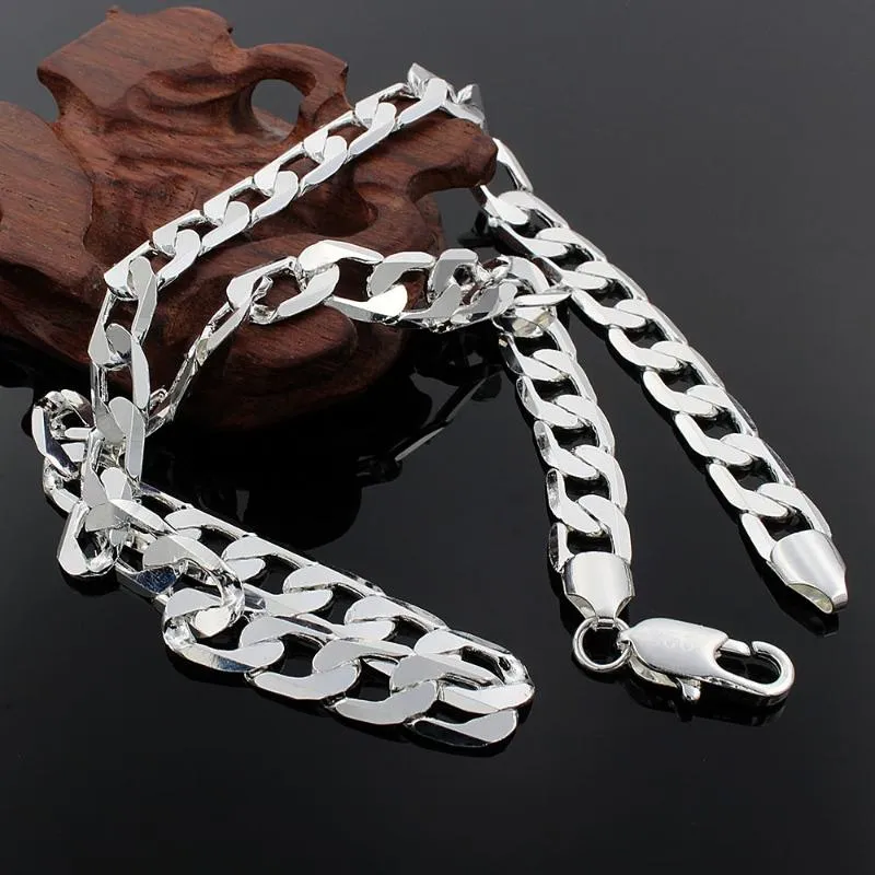 Chains 925 Sterling Silver 50cm 60cm 20 24 Inch 10MM Flat Sideways Figaro Chain Necklace For Women Men Jewelry Gift253K