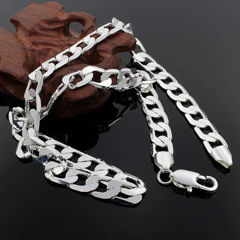Correntes 925 prata esterlina 50cm 60cm 20/24 polegadas 10mm plana lateralmente figaro colar de corrente para mulheres homens jóias presente243c