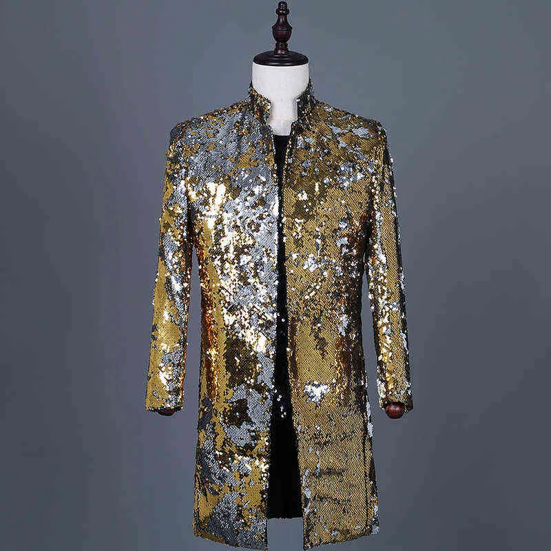 Mens Embellished Sequin Blazer Coat Jackor Glänsande Glitter Flipping Sequins Suit Jacket Stage Party Dance Singer Costume Homme 211120