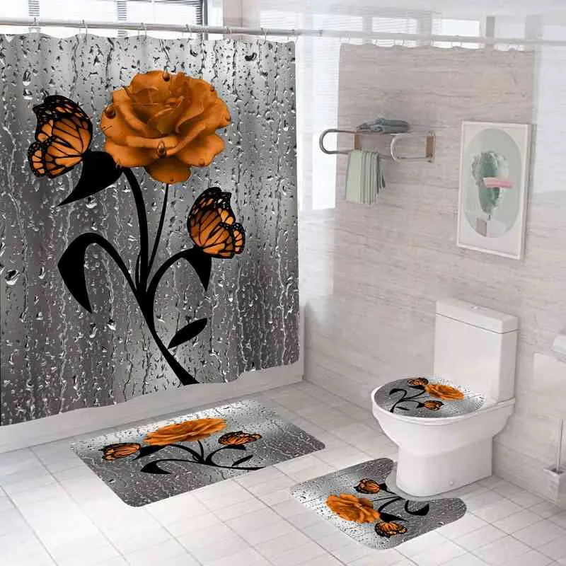 ROSE INTRACT 3D DOUCHE CURTAIN IMPLIPATHER POLYESTER ROUTEUR DE SALLE DE SALLE ANTISLIP MATS SET TOUCHES DU TOCH