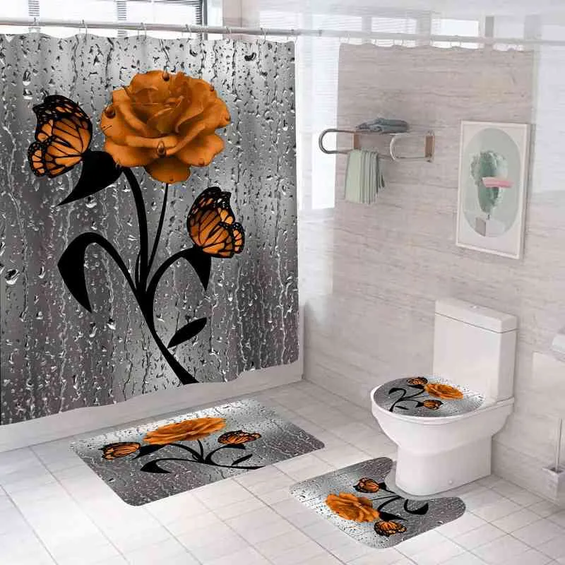 Rosendruck 3D Duschvorhang wasserdichte Polyester Badezimmer Vorhang Antislip Bad Matten Set Toiletten Teppich Teppich Wohnkultur 2118319096