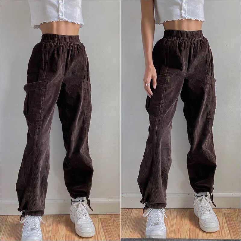 Heyoungirl Casual Luźne Brązowe Spodnie Corduroy Kobiety Elastyczne Wysokie Talia Długie Spodnie Panie Poszewka Jesień Zimowe Joggers Kobiet X0629