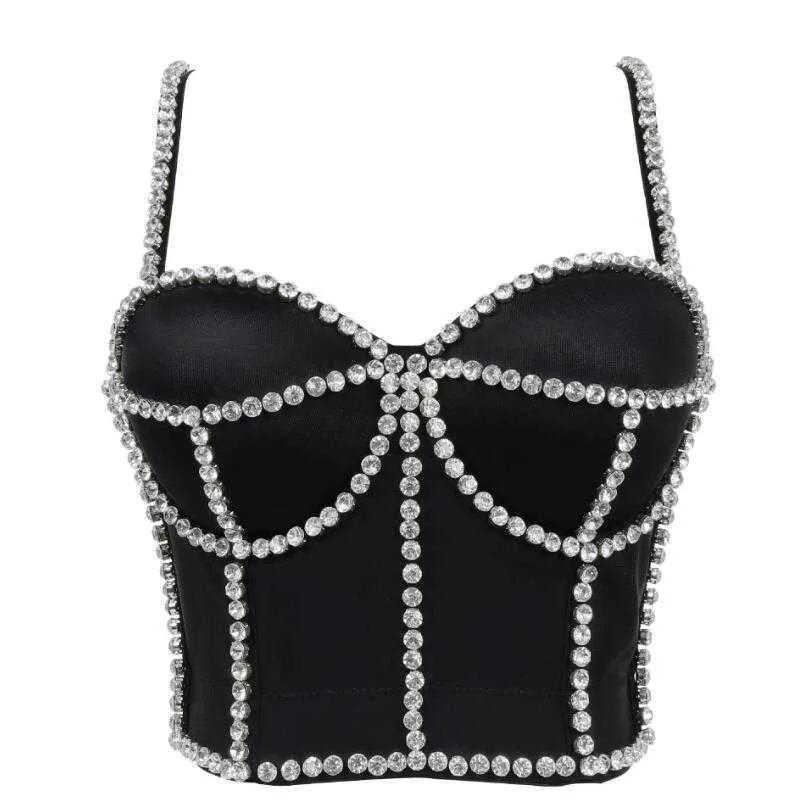 Rhinestone Bustier Corset Women Built In Bra Push Up Bralette Sleeveless Top Woman Camis Off Shoulder 2021 Sexy Nightclub w102 X0726