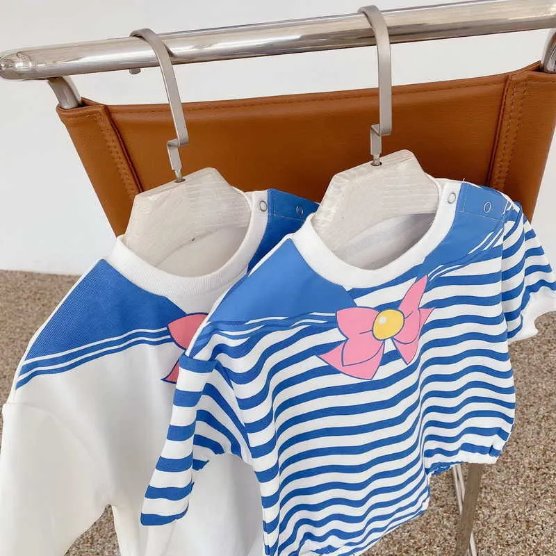 Spring Baby Girl Bodysuit Cartoon Bow Striped Jumpsuit born Cute Style Kids Clothes E20 210610