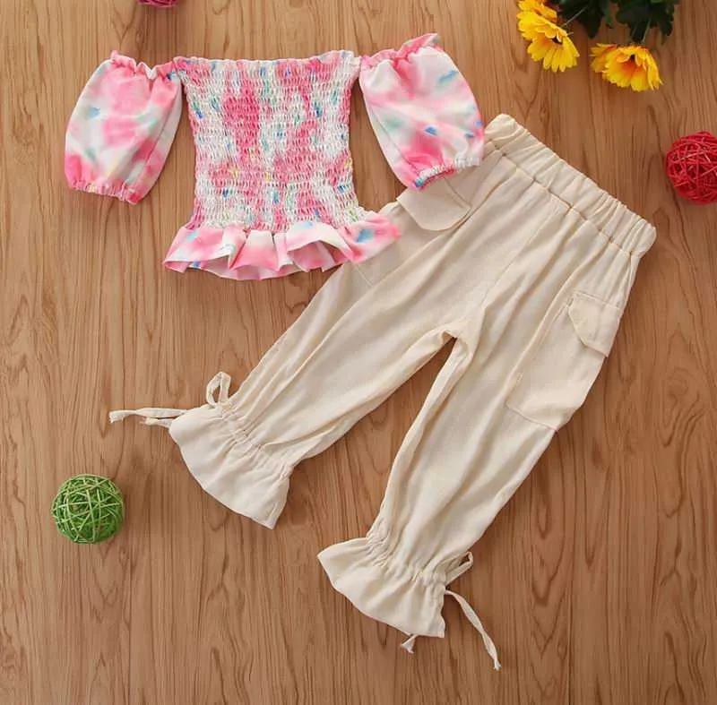 Floral Summer Girl Sets Baby Off the Shoulder Tight Top+Long Pants Sweet Outfits Suit Clothes 2-7Y E94146 210610