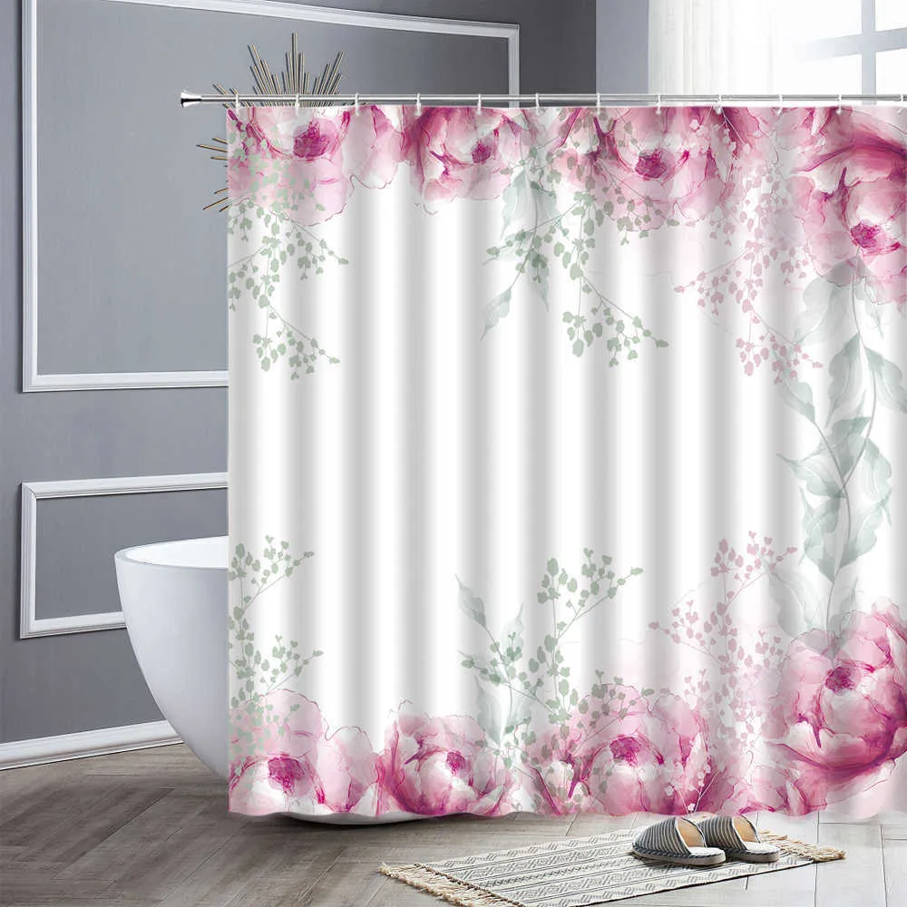 Ensemble de rideau de douche imperméable Rose Rose Lavande Fleurs Style Simple Maison Tissu Salle De Bains Décor Rideaux De Bain Crochets Écran Mural 210609