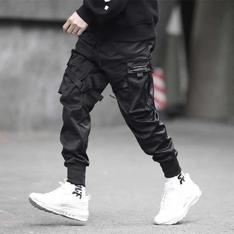 Siyah Hip Hop Kargo Pantolon Erkekler Streetwear Moda Pamuk Joggers Sweatpants Casual Harem Pantolon Yaz Harajuku Giyim 210715