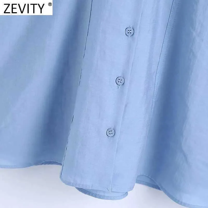 Zevity Women Fashion Kieszonkowy Patch Solidny Kolor Dorywczo Slim Koszula Sukienka Office Lady Elastyczny Talia Bierowany Biznes Vestido DS8324 210603