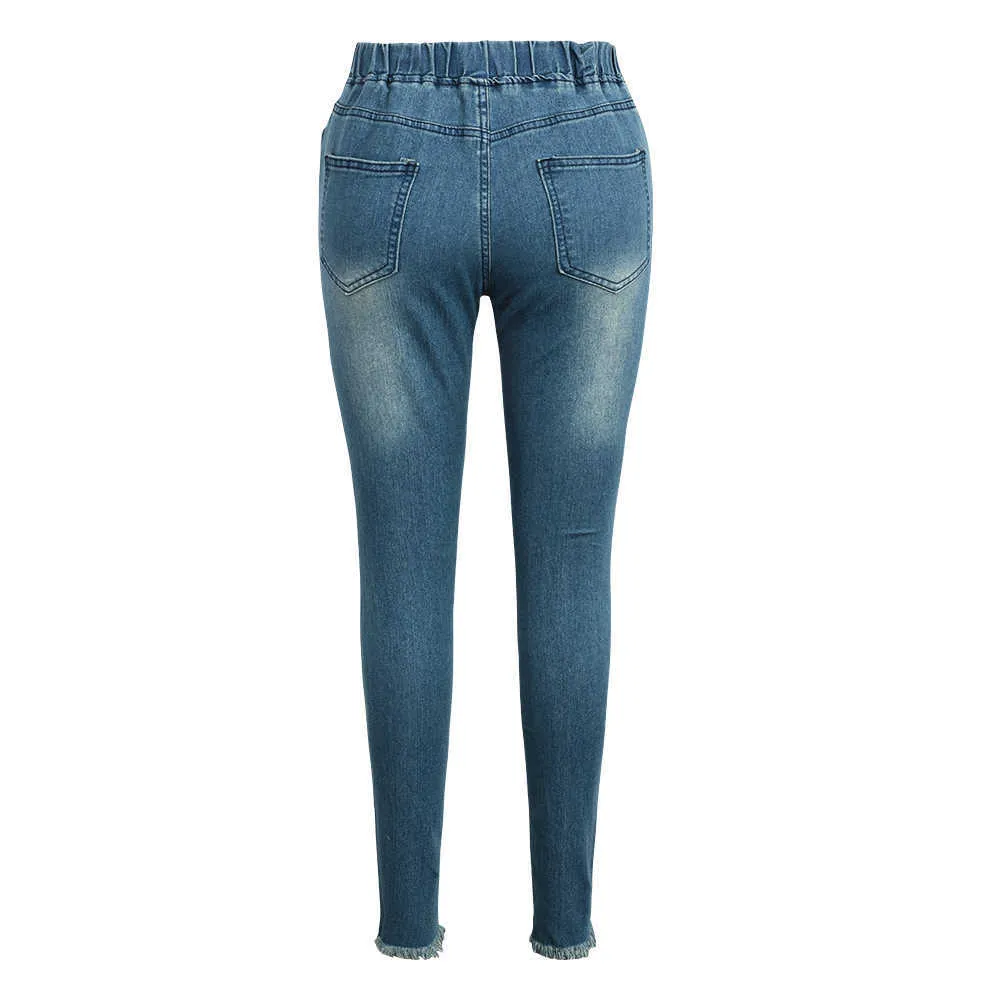 Dames Trekkoord Denim Lange Broek Ripped Broken Holesslim Fit Jeans Feminino Skinny Pockets Casual Full Length Potlood D30 210629