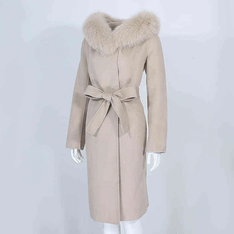 OFTBUY Echte bontjas Winterjas Dames Natuurlijke Kraag Hooded Cashmere Wol Mengsels Lange Bovenkleding Dame Streetwear 211110