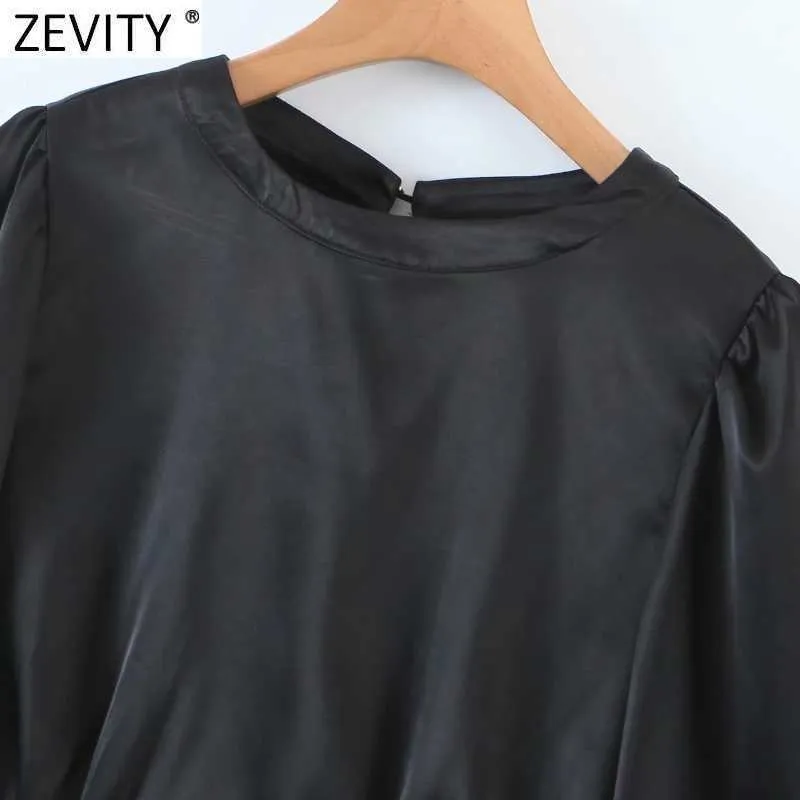 Zevity女性のファッションo首の純正黒の短いスモックブラウスFemmeセクシーな背中のない着物のシャツシックレースアップBlusas Tops LS7669 210603
