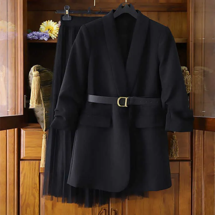 Plus rozmiar damski garnitur marynarka sukienka długa kurtka siateczkowe sukienki dwuczęściowy zestaw z paskiem elegancki damski płaszcz zimowy zestaw sukienek 4251048 210722