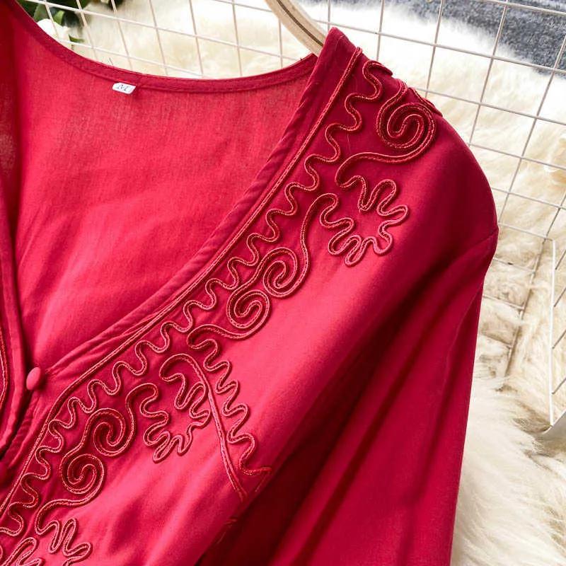 Rot/Weiß Gesticktes Kleid Frauen Frühling Herbst Elegante V-ausschnitt Einreiher Hohe Taille Schlank Puff Langarm Vestido 2021 neue Y0603