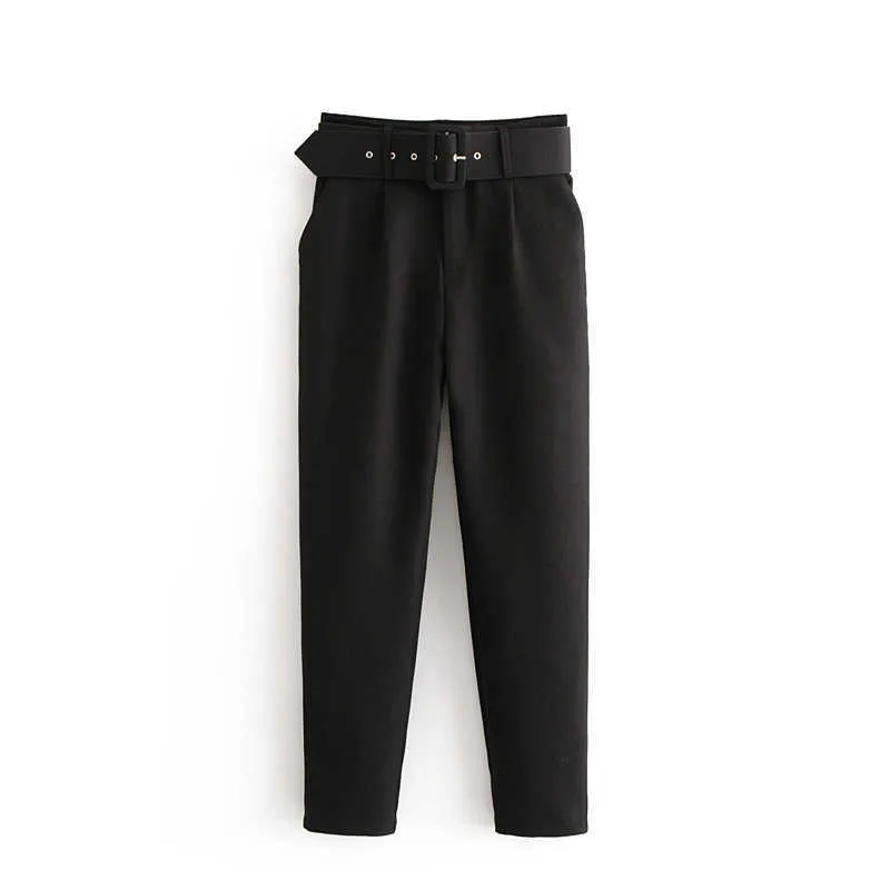Elegancka Czarna Wysoka Talia Spodnie Kobiety Sashes Kieszenie Zipper Office Spodnie Streetwear Zimowe Długie Spodnie Kobiety 210706