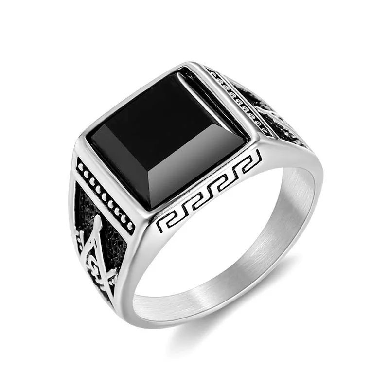 European and American Classic Retro Ring Titanium Steel ColorRetaining Gold Plated Black Agate Masonic AG Mens Ring7667676