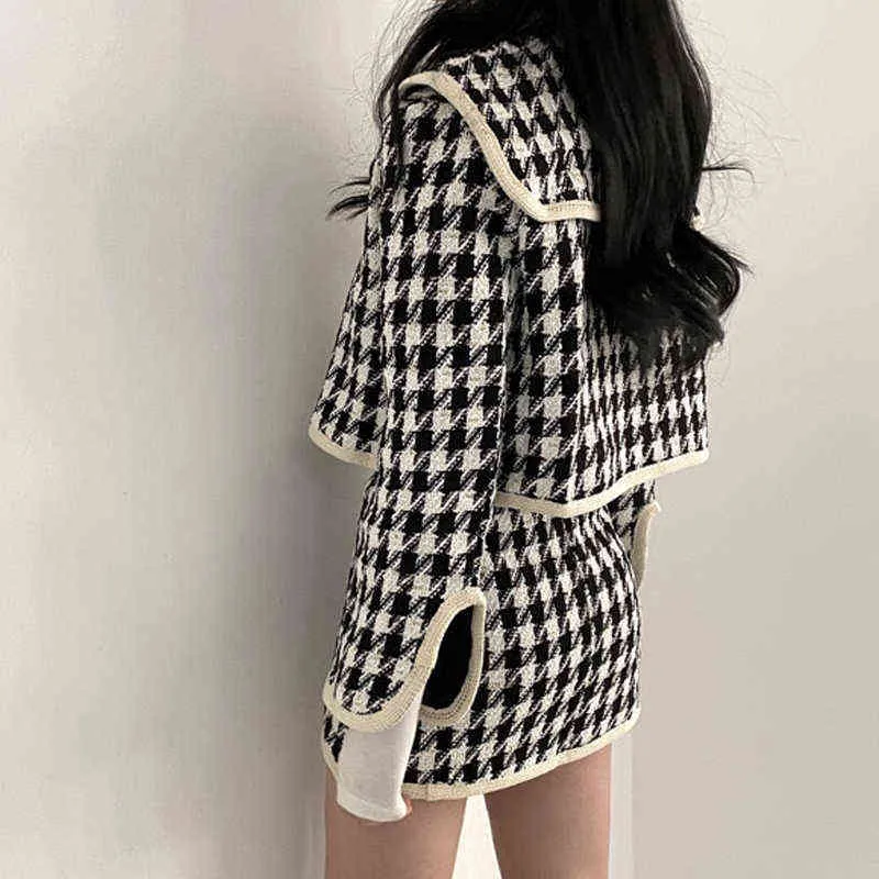 Kimotimo Kvinnor Plaid Tweed Set Korean Ins Vintage Sailor Collar Långärmad Crop Coat + High Waist Mini Skirt Två Piece Sets 211106