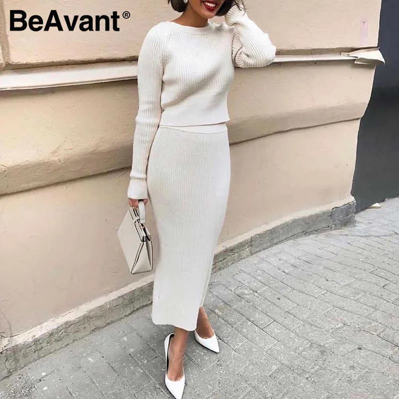 Babant elegante streep twee stuk jurk witte ronde hals gebreide jurk hoge taille straat stijl herfst winter jurk twee stuk set 210709