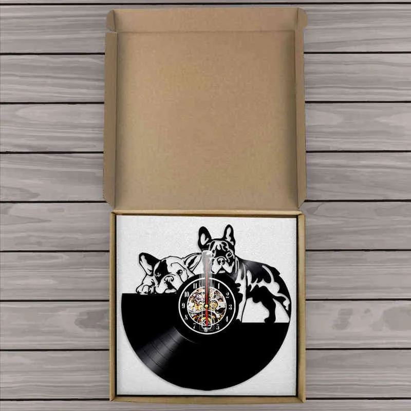 Французский бульдог пара стены искусства дома декор настенные часы из виниловой записи современный щенок собака настенные часы собака породы собак владельцы подарок H1230