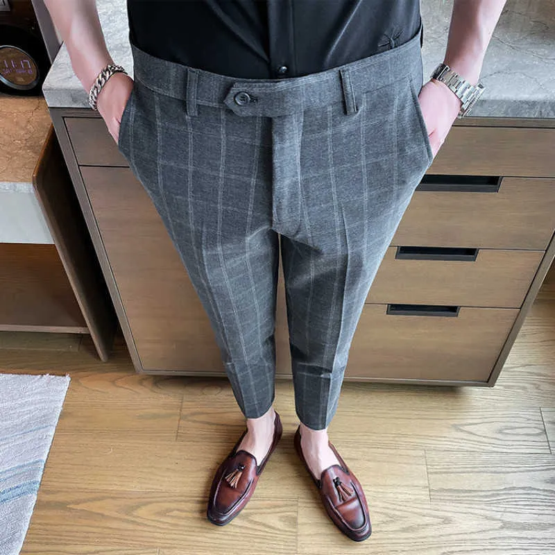夏の古典的な格子縞のドレスズボン男性の正式なビジネスオフィスのソーシャルワークスーツのズボンカジュアルスリムフィット鉛筆ズボン衣装Homme 210527