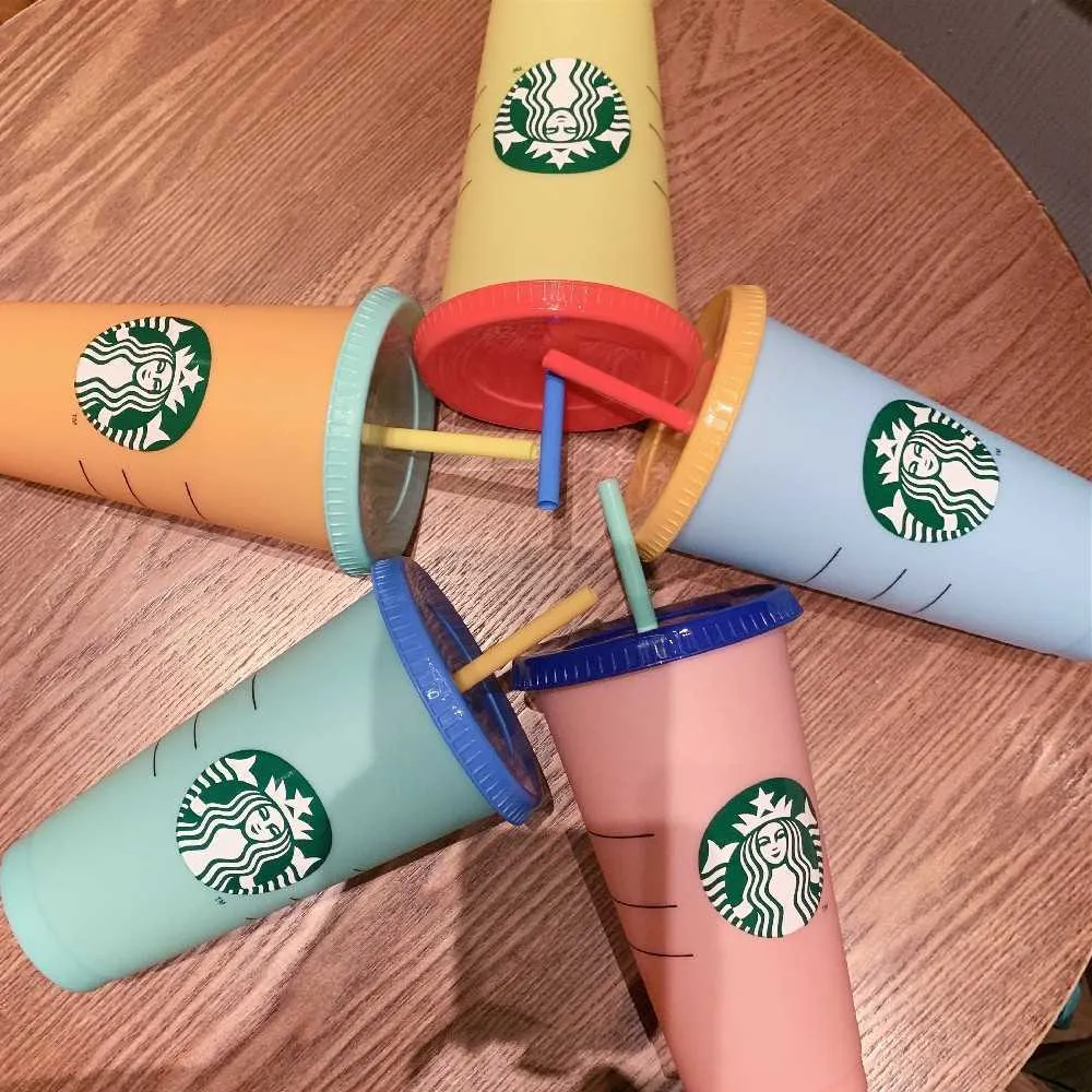 Starbucks färgbyte koppar färg återanvändbar kopp tumbler med lock kall koppar plast kopp sommarsamling Starbucks vin fuunyhome
