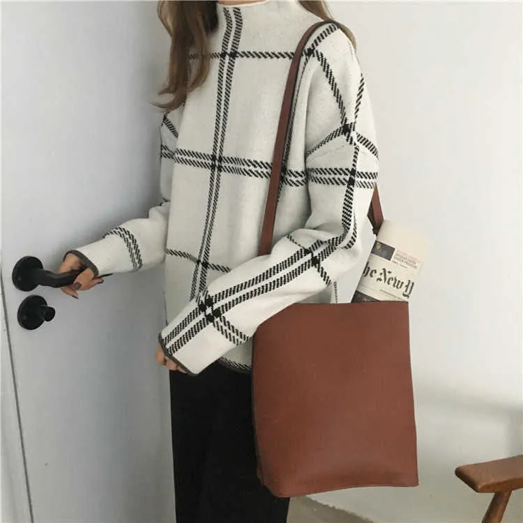 Ins Winter Women # 039; s Pullover Maglione Moda Plaid Dolcevita Maglia allentata Manica lunga Coreano Top casual T98301D 210806